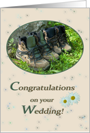 Hiking shoes and daisies in buck - Wedding Congrats Hiking card