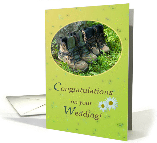 Hiking shoes and daisies in sunny green - Wedding Congrats Hiking card