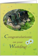 Hiking shoes and daisies in sunny green - Wedding Congrats Hiking card
