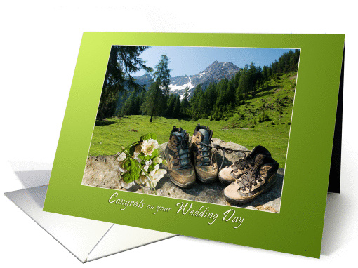 Mountain hiking shoes and bouquet - Wedding Congrats Sunny Green card