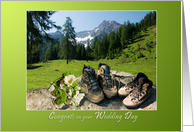 Mountain hiking shoes and bouquet - Wedding Congrats Sunny Green card