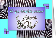 I love YOU Grandma - zebra print aqua blue - Valentine’s day card
