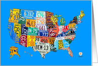License Plate Map of the USA on Blue for the Travel and Map Enthusiast card