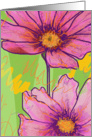 Thinking of you card with hand drawn pink flowers on green background. card