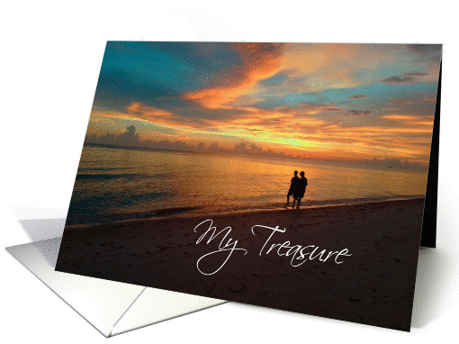 Two men walking on a beach with My Treasure words on front of card
