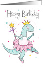 Dinosaur princess ballerina dancing and swirling with a star card