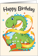 Dinosaur popping out of a gift, Happy Birthday card