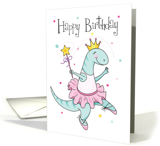 Dinosaur princess ballerina dancing and swirling with a star card