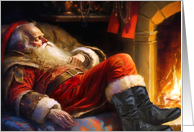 December 26th Resting Santa by the Fireplace Christmas card