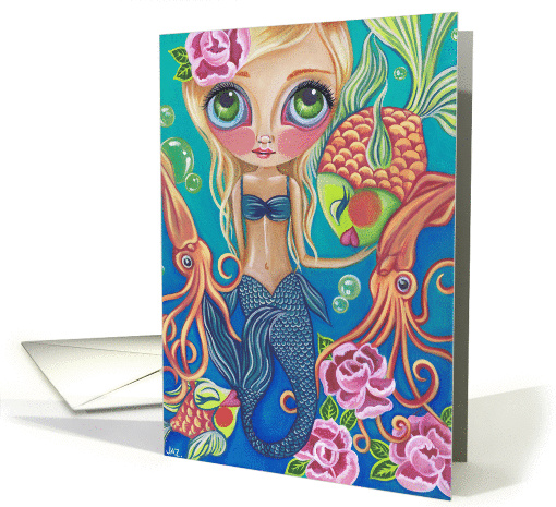 All Occassions Card - Aquatic Mermaid Girl with Octopus, Flowers card