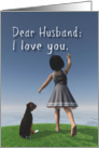 Husband Fantasy Girl with dog writing in the sky Valentine card