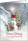 Mom & Dad Fantasy Snowman with fawns Christmas tree card