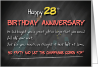 Champagne corks pop 28th Birthday Anniversary card