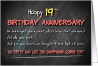 Champagne corks pop 19th Birthday Anniversary card