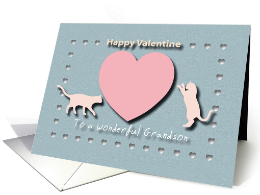 Cats Hearts Wonderful Grandson Blue and Pink Happy Valentine card