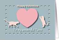 Cats Hearts Wonderful Twins Blue and Pink Happy Valentine card