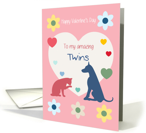 Cat and Dog Hearts Flowers Amazing Twins Valentine's Day card