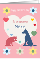 Cat and Dog Hearts Flowers Amazing Niece Valentine’s Day card