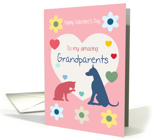 Cat and Dog Hearts Flowers Amazing Grandparents Valentine's Day card