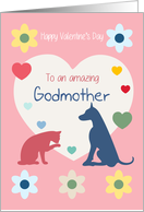 Cat and Dog Hearts Flowers Amazing Godmother Valentine’s Day card