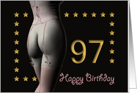 97th Birthday Sexy Girl with Golden Stars Pink Corset and Stockings card