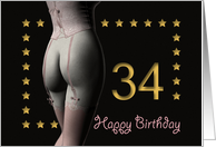 34th Birthday Sexy Girl with Golden Stars Pink Corset and Stockings card