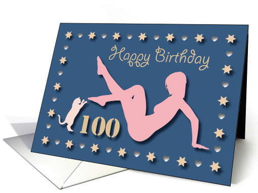 100th Sexy Girl Cat Silhouette Blue Golden Hearts Stars Birthday card