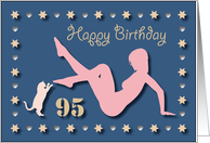 95th Sexy Girl Cat Silhouette Blue Golden Hearts Stars Birthday card