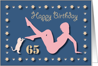 65th Sexy Girl Cat Silhouette Blue Golden Hearts Stars Birthday card