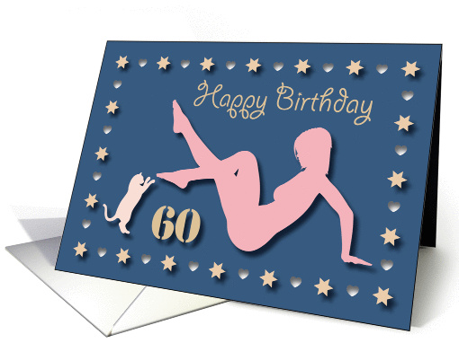 60th Sexy Girl Cat Silhouette Blue Golden Hearts Stars Birthday card