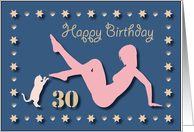 30th Sexy Girl Cat Silhouette Blue Golden Hearts Stars Birthday card