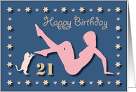 21st Sexy Girl Cat Silhouette Blue Golden Hearts Stars Birthday card