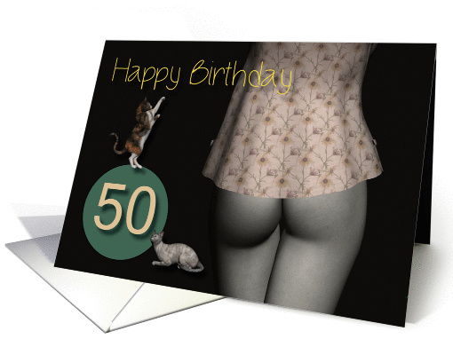 50th Birthday Sexy Girl with Small Colored Shirt and Cats card