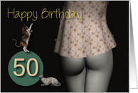 50th Birthday Sexy Girl with Small Colored Shirt and Cats card