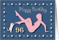 96th Sexy Girl Cat Silhouette Blue Golden Hearts Stars Birthday card