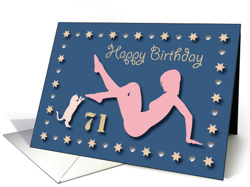 71st Sexy Girl Cat Silhouette Blue Golden Hearts Stars Birthday card