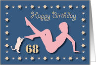 68th Sexy Girl Cat Silhouette Blue Golden Hearts Stars Birthday card