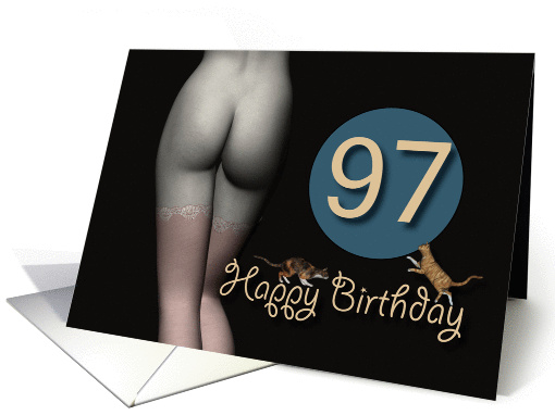 97th Birthday Sexy Girl with Stockings and playing Cats card (1215466)