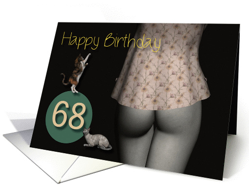 68th Birthday Sexy Girl with Small Colored Shirt and Cats card