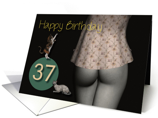 37th Birthday Sexy Girl with Small Colored Shirt and Cats card