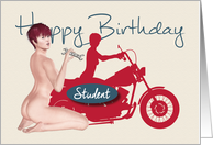 Naughty Pin Up with Motorcycle Birthday for Student card
