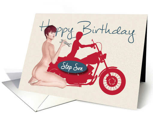 Naughty Pin Up with Motorcycle Birthday for Step Son card (1253474)