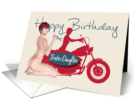 Naughty Pin Up with Motorcycle Birthday for Foster Daughter card