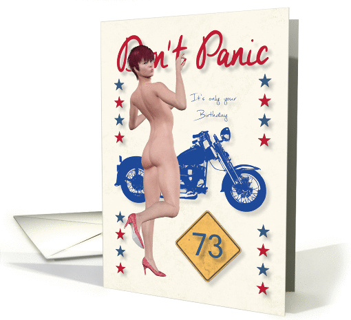 Don't Panic Pin Up with Motorcycle for 73rd Birthday card (1260694)