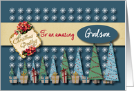Christmas Greetings with Trees and presents to Godson card
