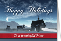 For Niece Christmas Scene with Reindeer Sledge and Cottage card