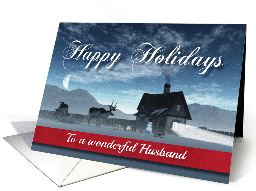 For Husband Christmas Scene with Reindeer Sledge and Cottage card
