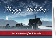 For Cousin Christmas Scene with Reindeer Sledge and Cottage card