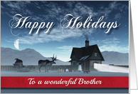 For Brother Christmas Scene with Reindeer Sledge and Cottage card