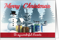 Christmas Snowman with Presents and Tree for Parents card